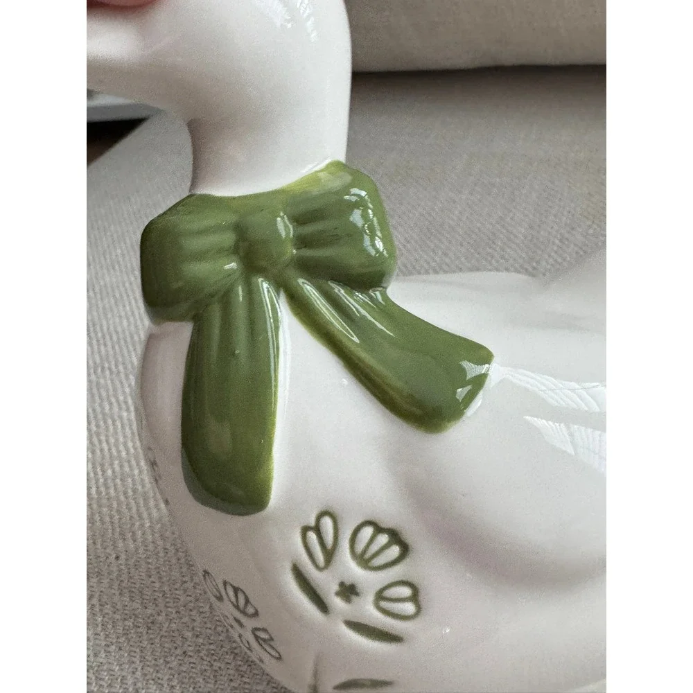 Ceramic Duck Figurine White Green Floral Embossed Cottagecore Decor 6 inch